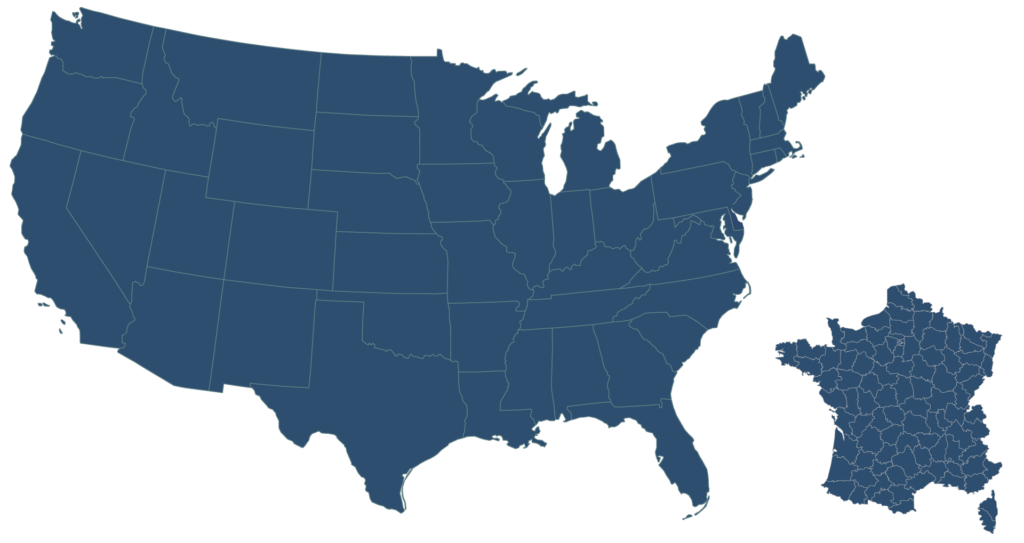 A blue map showing the United States with state borders and France with regional borders, side by side for size comparison.